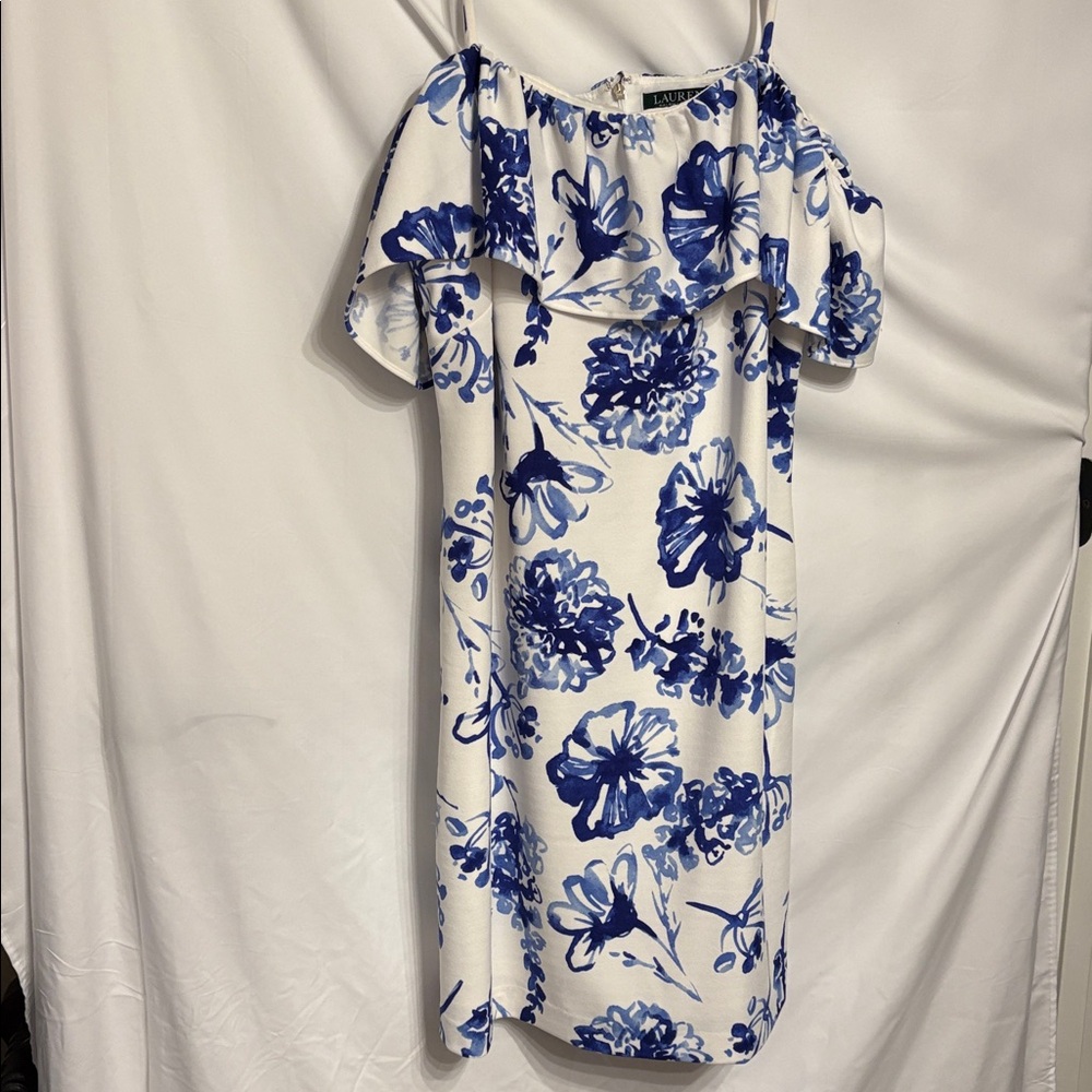 Lauren Ralph Lauren Floral Blue and White Dress On and Off Shoulder SZ 12 - Picture 2 of 11